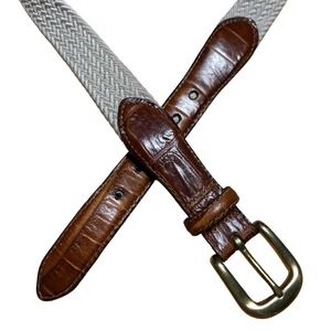 VTG Lands' End Woven Stretch Leather Accented Belt Ivory Brown Sz 34/85 Nautical